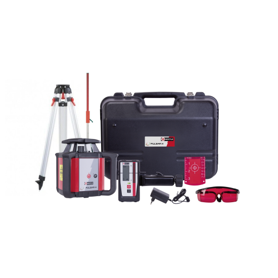 Rotējošais nivelieris PULSAR H ar uztvērēju, statīvu un latu
